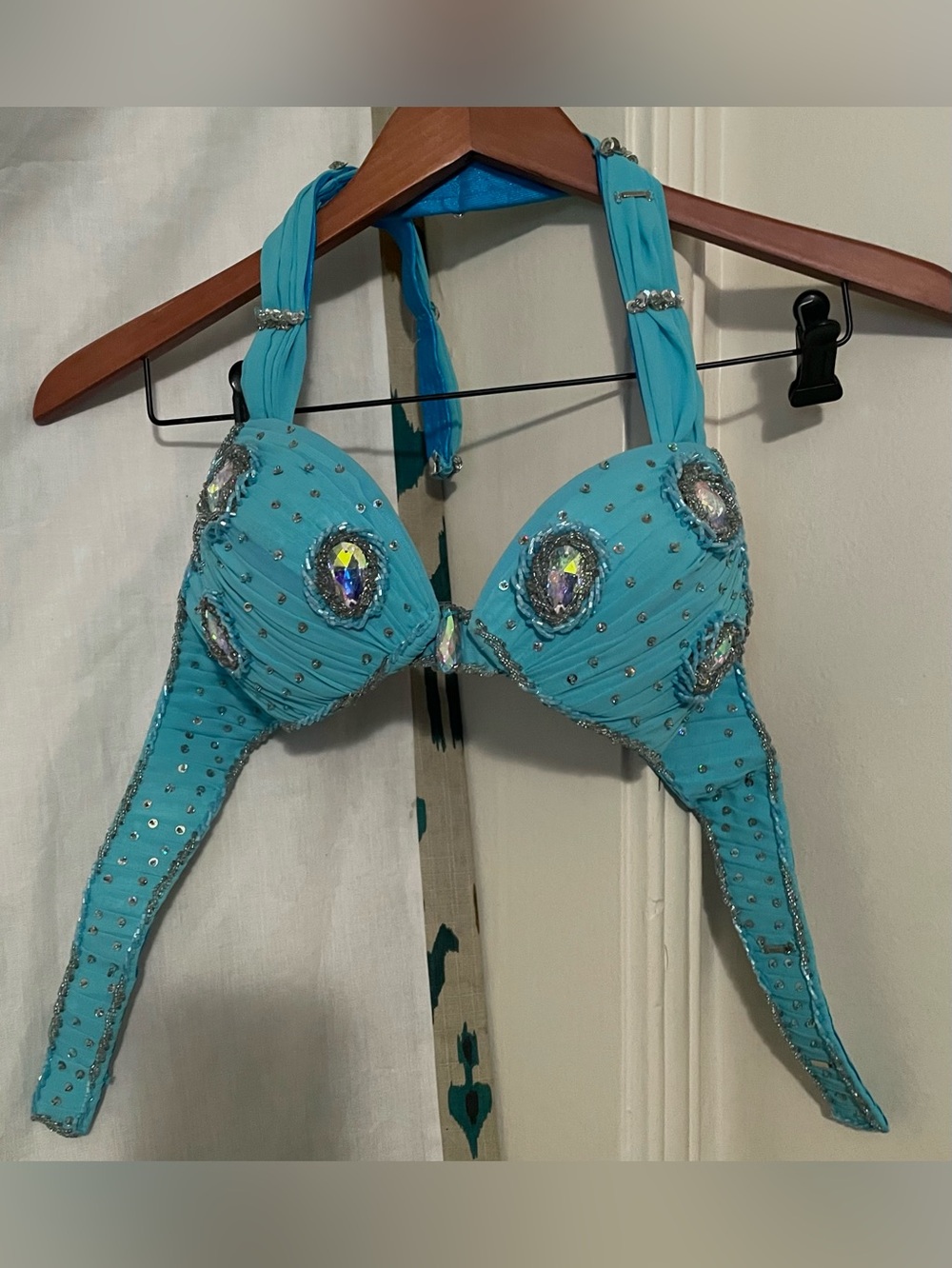 Belly Dance Costume Beaded Halter Top Blue Turquoise Jeweled size B